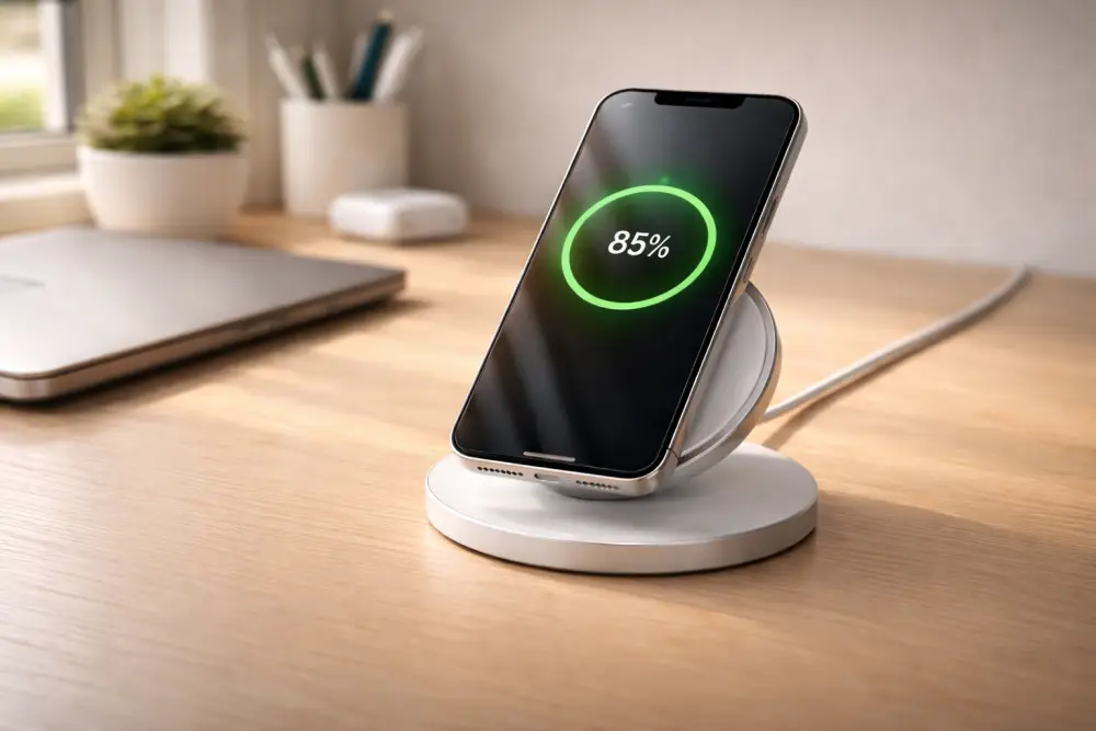 استخدام شاحن Qi2 مغناطيسي مع هاتف على مكتب عمل حديث